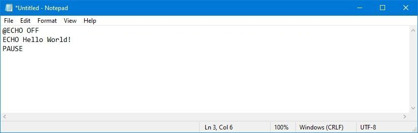 Example of batch script in Notepad